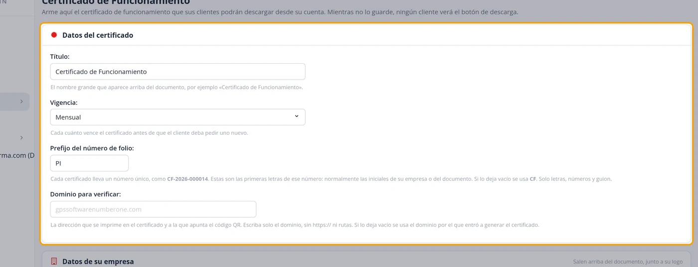 Ponga los datos del certificado