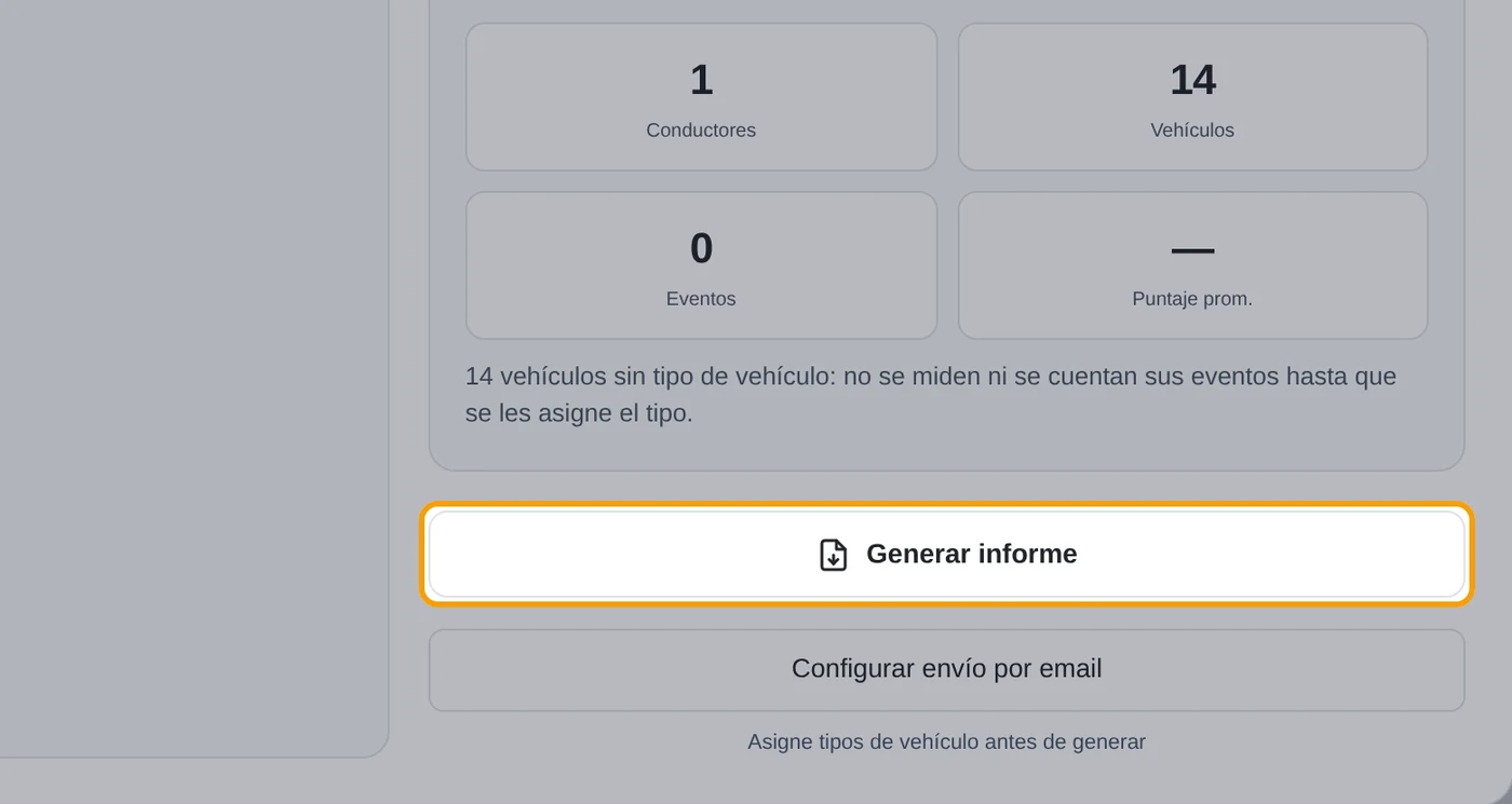 Elija periodo, vehículos y formatos, y pulse Generar informe