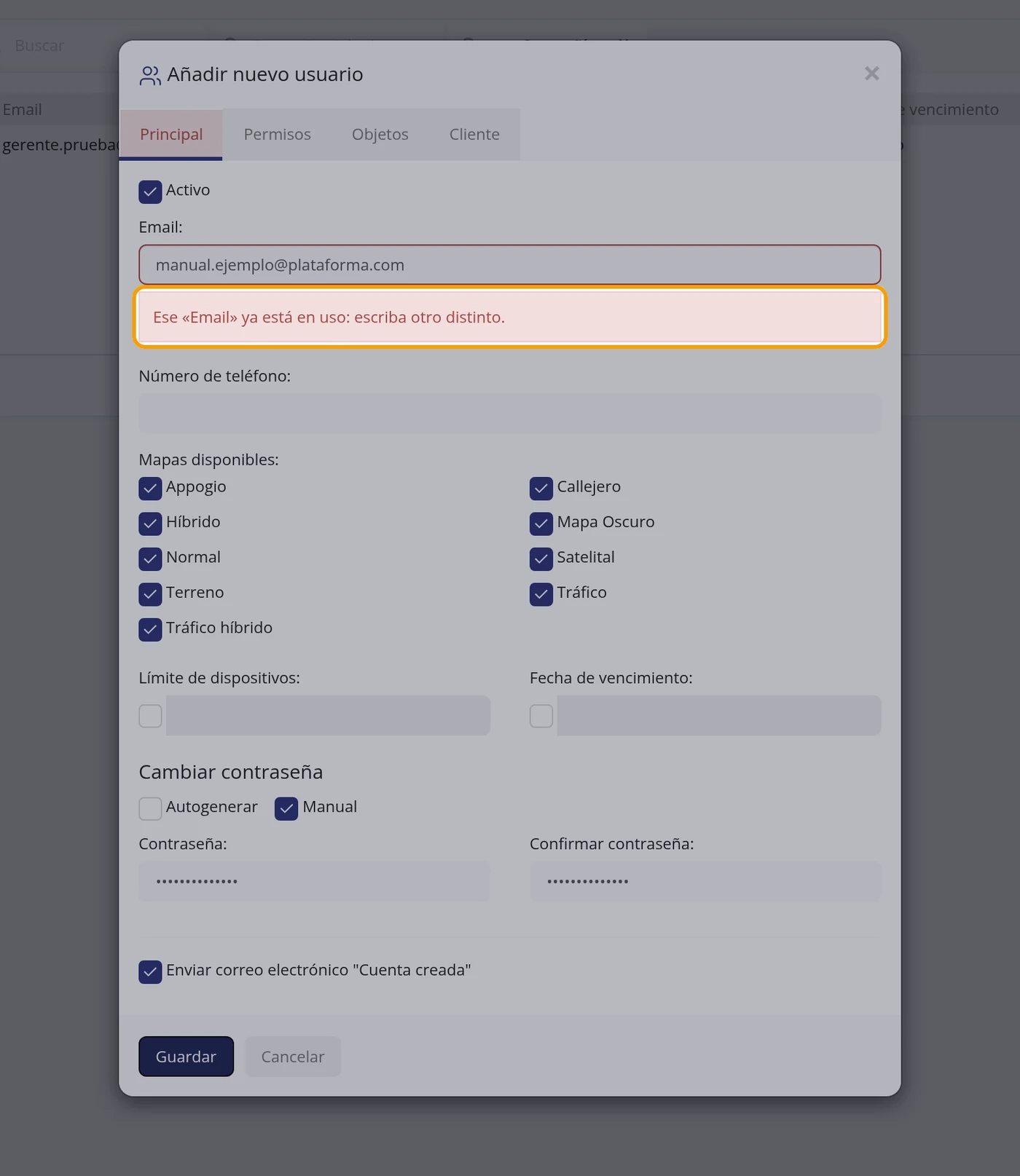 Si sale «Ese «Email» ya está en uso: escriba otro distinto.»