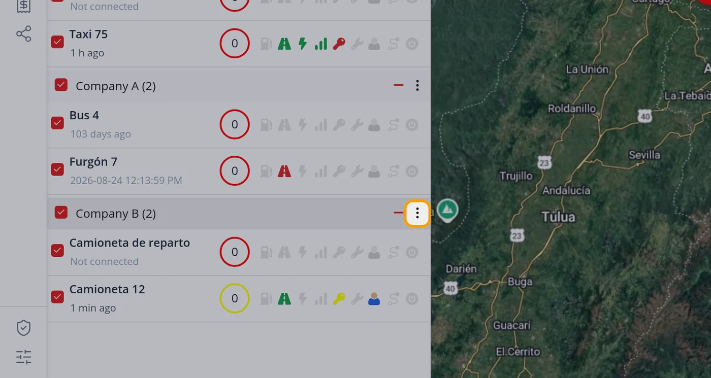 To move a vehicle to another company, click the three dots of the company that receives it