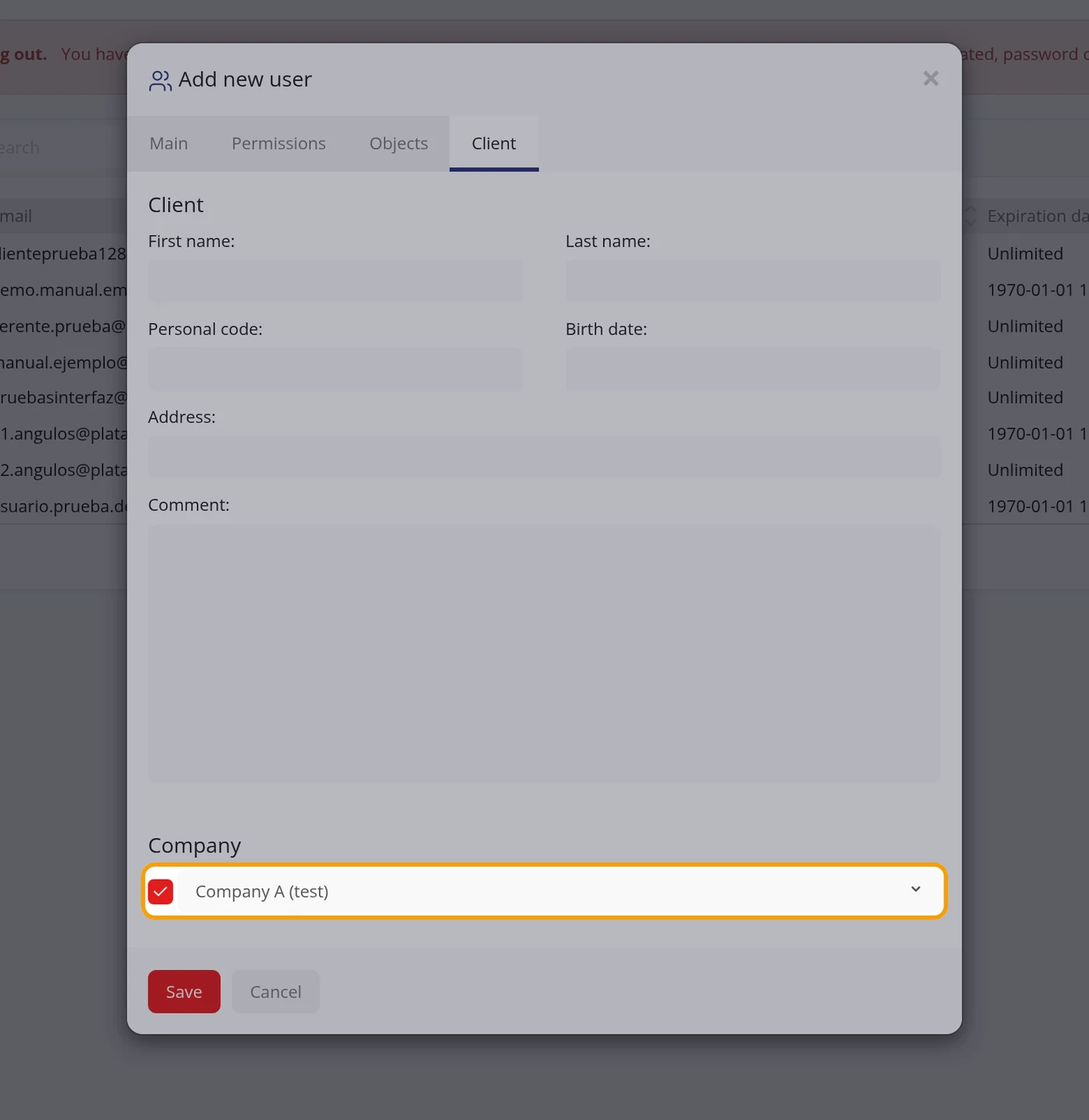 In the Client tab, tick Company and choose the company