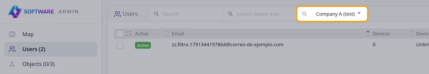 To see the users of a company, use the Company filter