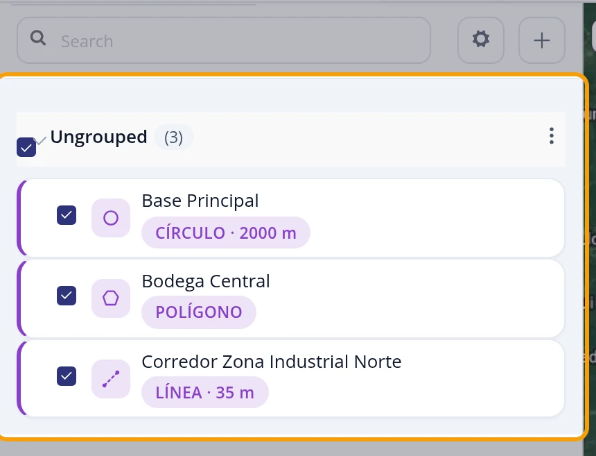 See the type and size of each area in the list