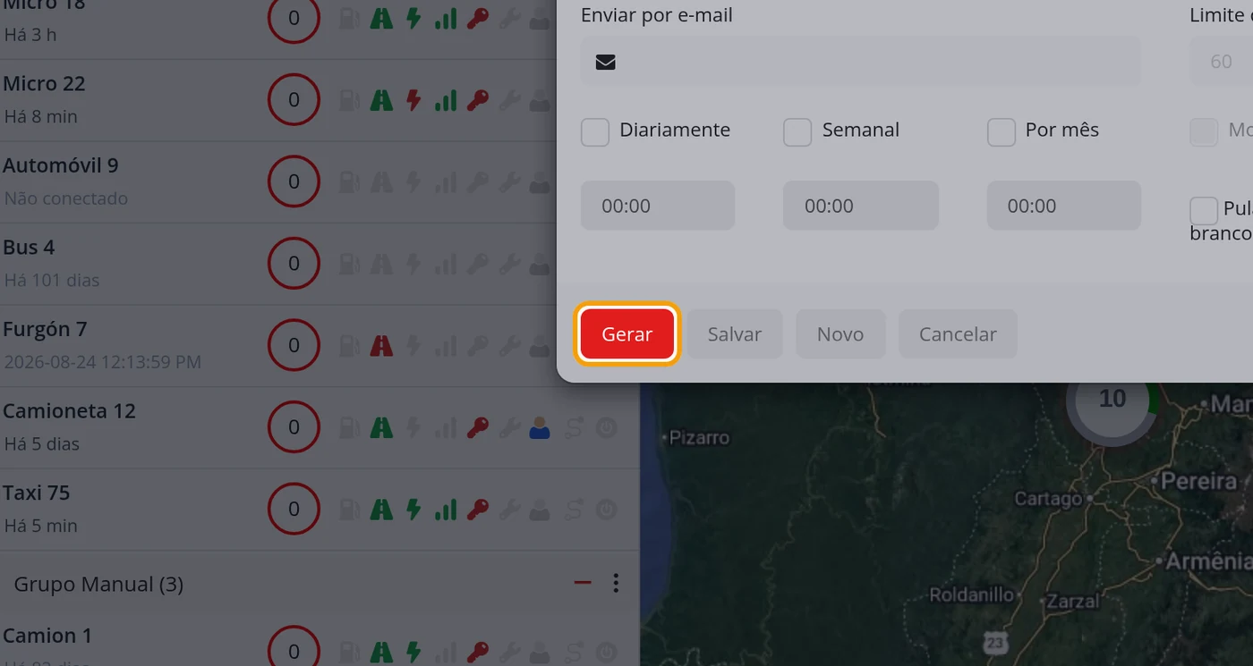 Escolha veículos, datas e formato, e clique em Gerar