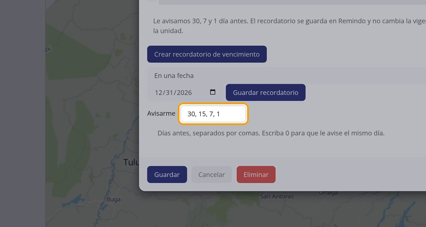 Paso 5: Escriba con cuántos días de antelación quiere el aviso